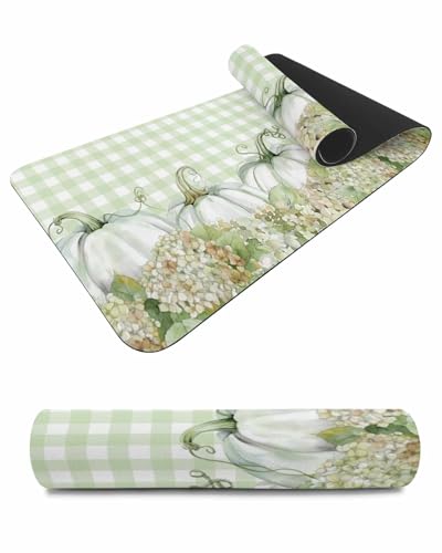 Debedcor Heat Proof Table Pads Waterproof Decorative, Green Fall Pumpkins Non-Slip Table Countertop Protector, Autumn Pale Green Floral Plaid Insulation Mat for Kitchen Room, 40 x 12 Inches