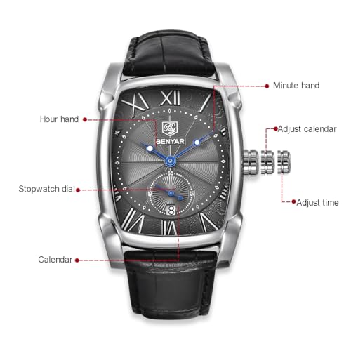 BENYAR Men's Watch Chronograph Stainless Steel Analog Quartz Watch 30M Waterproof Anti-Scratch Watch Silver Date Business Fashion Watch Classic Wristwatch Comfortable Watch