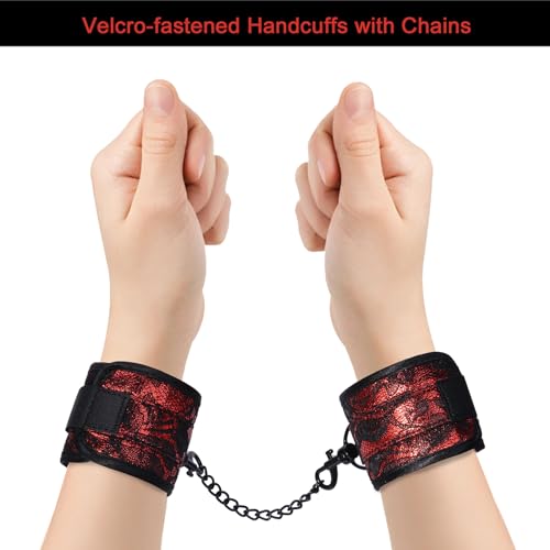 Image of Lace Blindfold and Faux-Fur-Lined Handcuffs Set, Red Soft Bondage Wrist Cuffs Kit Sex Play Toys for Adults