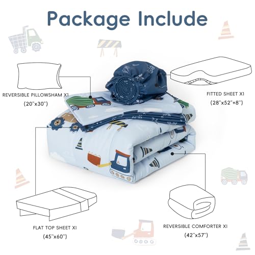 Image of david's kids 4 Piece Toddler Bedding Set - Soft Breathable Toddler Bedding Set for Boys Girls, Includes Quilted Comforter, Flat Sheet, Fitted Sheet and Pillowcase, Truck
