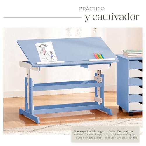 tectake® Escritorio Madera, Escritorio Elevable en 7 Posiciones, Tablero Inclinable, Cajón, Bordes Redondeados, Mesa Escritorio, Mesa de Estudio, Escritorio Infantil, Mesa Infantil - Azul - imagen 6