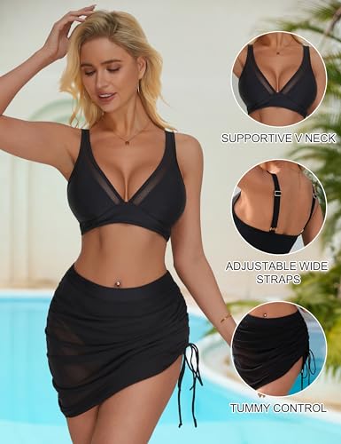 SUUKSESS Womens Swim Skirt High Waisted Bikini Sets Sexy Mesh Tummy Control Swimsuit2