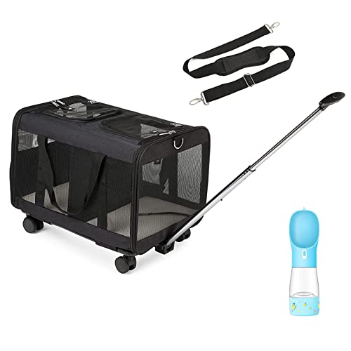猫 ペット用 リュック キャスター付き 二層トロリーバッグ 2匹 ペット 折りたたみ可 通気性 安定性 小型犬 猫 小動物 大容量 旅行 通院 災害避難用ペットバッグ (ブラック)