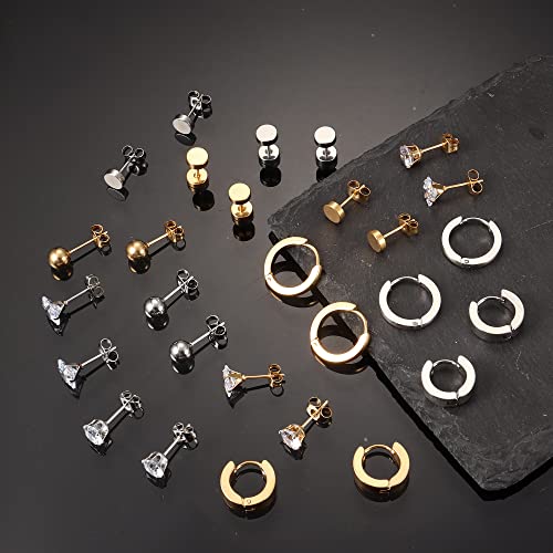 Orazio 14Pairs Mens Earrings Silver Gold Black Earrings For Women Men Stainless Steel Hoop Earrings Cubic Zirconia Earrings Studs For Men Hypoallergenic Earrings Unisex Jewelry-Gs #TOP6