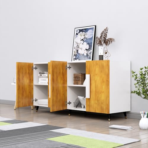 Image of Bniture Storage Cabinet Wooden for Living Room Sideboard with 4 Drawer and 3 Door | Storage Organizer Chest of Drawer Cabinet for Home Hallway Drawing Room Bedroom Kitchen | Frosty White & Giant Wood