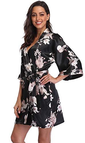 season dressing Women Floral Robes Bridesmaids Short Satin Kimono Sleepwear ...
