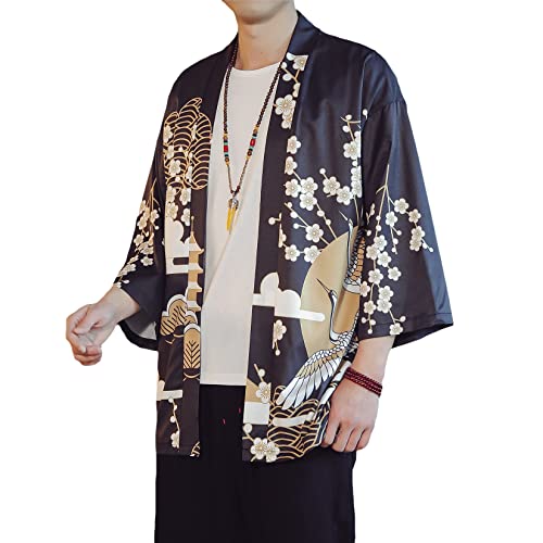 Image of PRIJOUHE Men's Lightweight Kimono Jacket Seven Sleeve Open Front Cardigan Coat Japanese Style Bathrobe