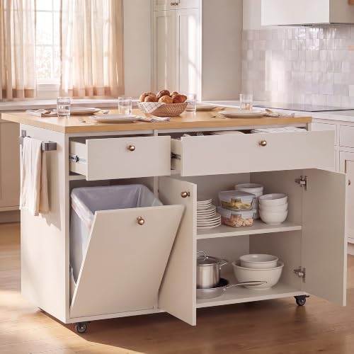 OMCHOM 52" Kitchen Island with Power Outlet & Drop Leaf, White