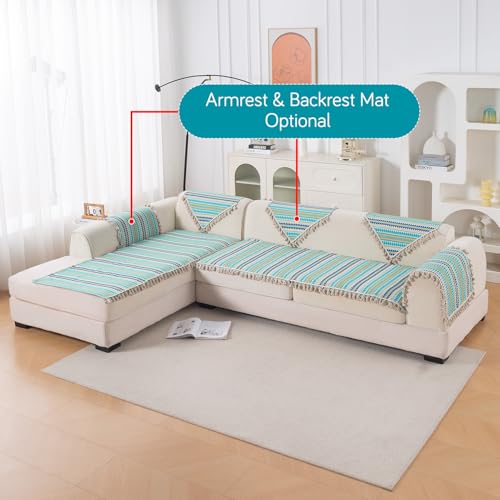 Image of HOKIPO 'Artisan Boho Series' L Shape (3+2 Seater) Sofa Cover Seat Mat | 450 GSM Cotton Acrylic Jacquard Fabric with Tassel, Aqua Blue (IN-904+903-A4)