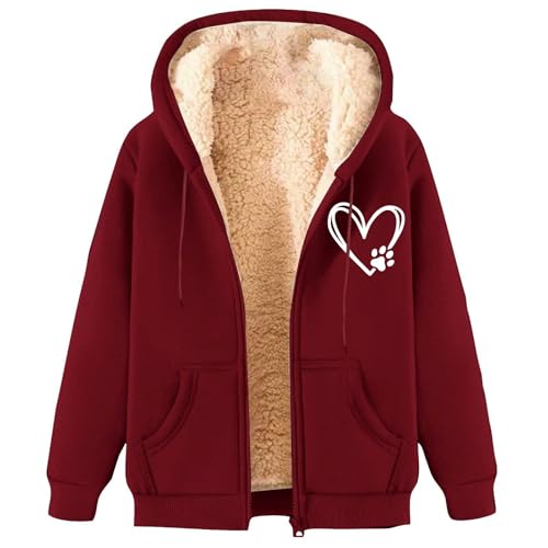Ybing Sweatjacke Damen Herz Hundepfoten Winterjacke Elegant Sweatshirt mit Kapuze Warme Gefütterte Fleecejacke Reißverschluss Hoodie Jacke Casual Wintermantel Bequem Sportjacke