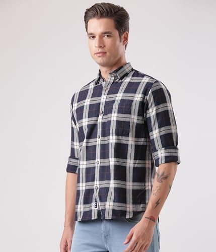 Image of TURMS Men's Casual Checks Shirts, Odor Control, Moisture Wicking, Button Down Collar, Cool Tech Cotton Fabric, Tailored Fit, Full Sleeve