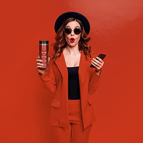 Foto von Elasto Premium Edelstahl Thermobecher mit Push-Button I 450 ml I auslaufsicherer Verschluss I heiß & kalt I BPA-frei I Thermo Kaffeebecher to go Diamond I matt glitzernd I Rubin Rot