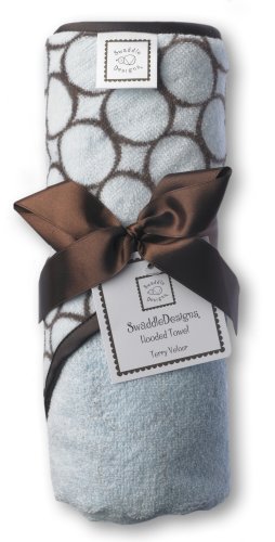 Image of SwaddleDesigns Cotton Terry Velour Hooded Towel for Baby/Toddler, Absorbent with Satin Trim, Absorbent with Satin Trim, Brown Mod Circles on Pastel Blue