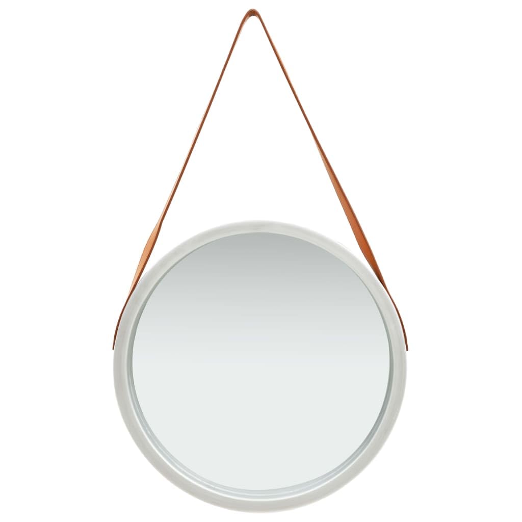 Grand miroir décoratif rond avec cadre en paulownia argenté et cuir