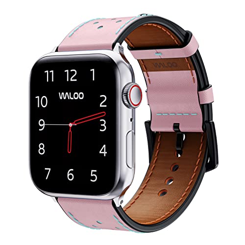 Bracelet en cuir véritable respirant compatible Apple Watch 44mm rose