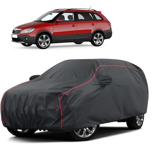 Image of Sulfar 100% Water Resistant Car Body Cover Compatible with Mirror for Skoda Fabia Scout (Triple Stitched, Full Bottom Elastic, Dark Grey Taffeta with Red Piping)