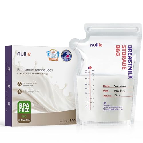 Image of Nuliie 50 Pcs Breastmilk Storage Bags, 8 OZ Breast Milk Storing Bags, BPA-Free, Milk Storage Bags with Pour Spout for Breastfeeding, Self-Standing Bag, Space Saving Flat Profile