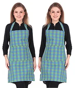 GLUN Waterproof Unisex Kitchen Apron with Center Pocket and Adjustable Neck Belt with Metal Buckle (PACK OF 2) (Green Checkered)