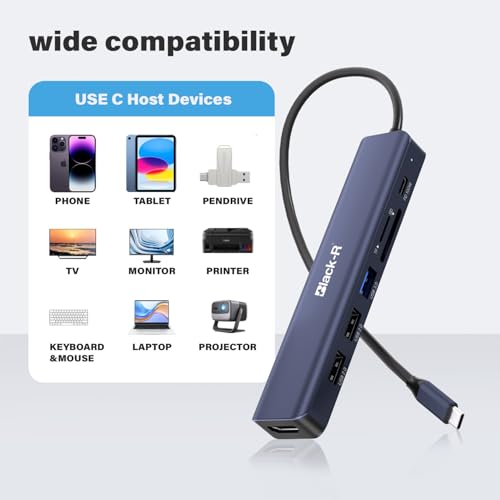 Image of Black-R USB C Docking Station (7-in-1), 100W Power Delivery, 4K HDMI, USB 3.0, 2*USB 2.0 Ports, SD /Micro SD Card Slot Adapter for Laptops /Tablets with Type-C Port