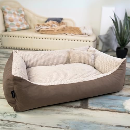 4L Textil Teo Kuscheliges Hundebett Bezug abnehmbar und waschbar Hundekorb mittelgroße Hunde Hundekissen flauschig Hundekörbchen Hundesofa (80x60 cm, Braun/Beige)