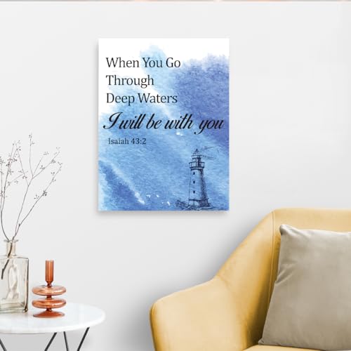 Gwisml When You Go Through Deep Waters Inspirational Bible Verse Canvas Wall Art,Isaiah 43:2 Motivational Scripture Print Painting Artwork for Christian Home Office Bible Verse Wall Decor - image 6