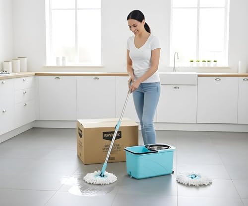 Image of Spin Mop Bucket Set with Stainless Steel Wringer, 360 Rotating Microfiber Mop Head, Adjustable Telescopic Handle, Floor Cleaning System for Home, Kitchen, Bathroom & Office