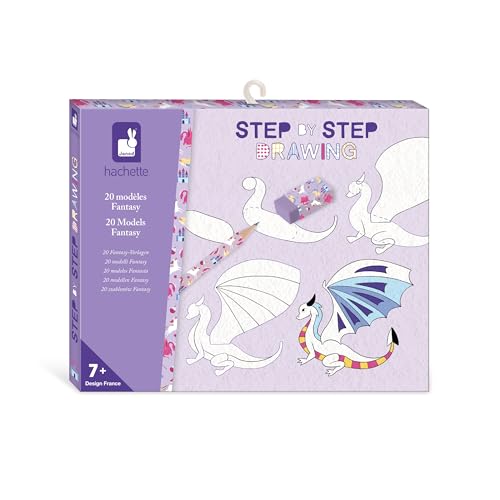 Janod - Step by Step Drawing - Imparare a disegnare - 20 Modelli Fantasy - Kit di Disegno per Bambini - Apprendimento del Disegno e Concentrazione – Dai 7 anni in su – J09153