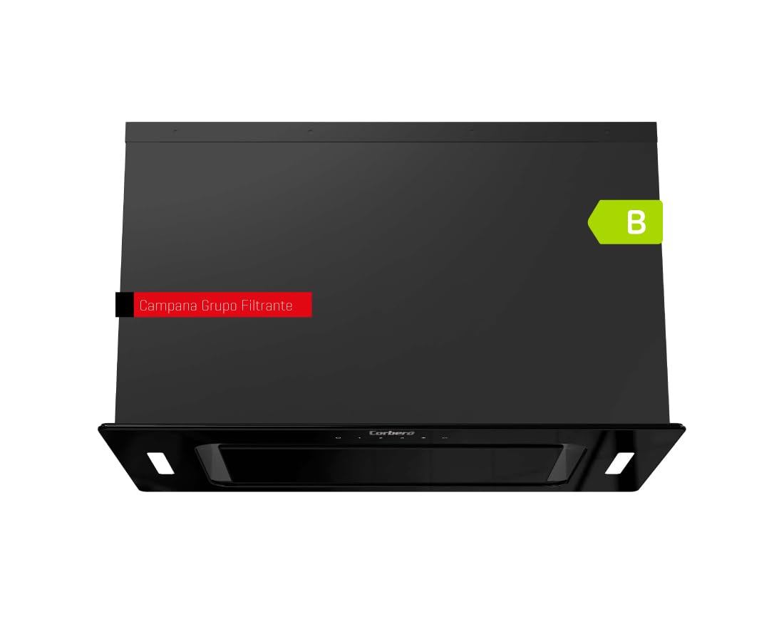 Corberó - Campana Extractora Grupo filtrante 52cm | MAURICIO5275B | 581 m3/h | 68db| 233W| Control Touch | 3 Velocidades | Luz LED | Filtros Aluminio y Carbón | Cristal Negro