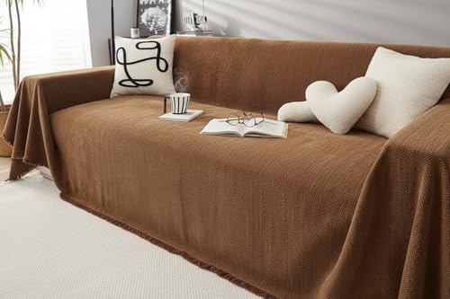 Image of The Furnishing Tree Reversible Double Sided Chenille Throw Sofa Cover, Anti-Slip Couch Cover, Comfy Sofa Towel for All Seasons, 3 Seater, herringbone woven texture Rust Brown
