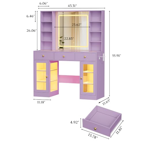 Image of Makeup Vanity Desk with Mirror and Lights, 43 inch Purple Vanity with Glass Top, Jewelry Storage, 3 Drawers & Glass Cabinets, Power Outlet & Adjustable LED Lights, Dressing Table for Women & Girls Bedroom