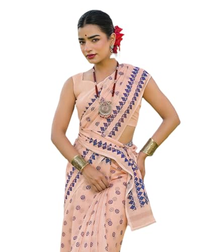 Image of SIRIL Women's Cotton Linen Mekhela Chador Printed Saree with Unstitched Blouse Piece