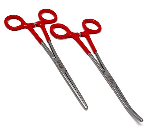 Set of 2 Assorted Color Vinyl Grip Handle German Stainless Straight & Curved Hemostat Forceps Pliers Full Serrated 8