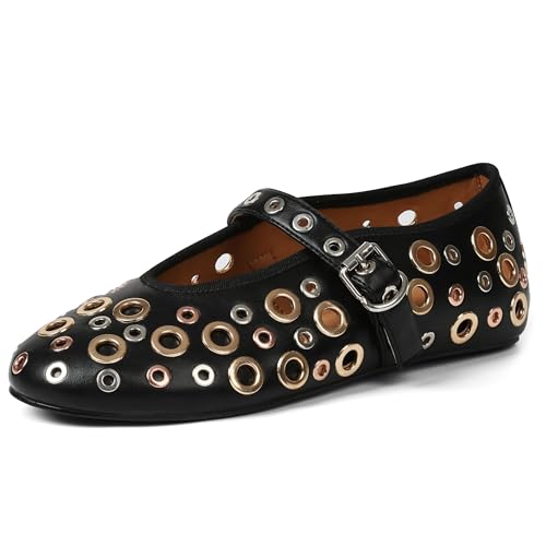 Goiphrri Mary Jane Shoes Women Metal Studded Ballet Flats Buckle Strap Mary Janes Comfortable Ballerina Flat Shoes for Women