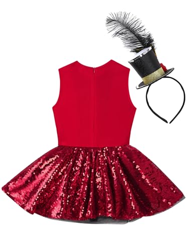 2Pcs Girls Circus Ringmaster Outfit Sleeveless Sequins Tutu Dress with Headwear for Performance4