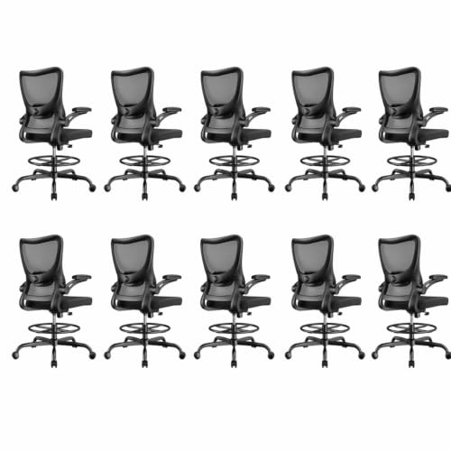 Image of Marsail Drafting Chair, Tall Office Chair with 2D Lumbar Support, Standing Desk Chair with Padded Flip-Up Armrests & Adjustable Footrest Ring, Black,Pack of 10