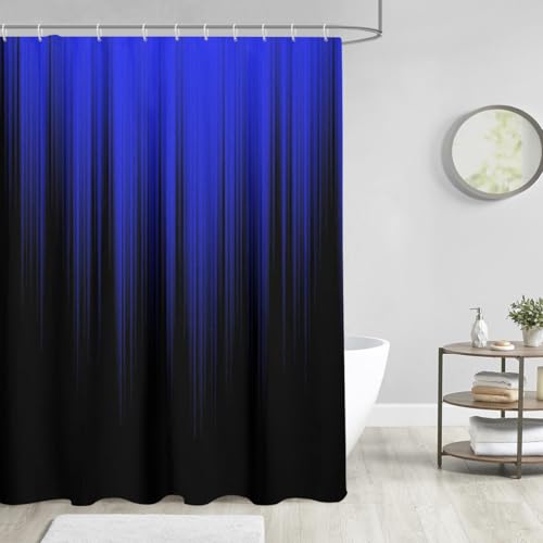 Image of AAtter Royal Blue and Black Shower Curtain, Ombre, 60x72 Inch, 12 Hooks | Abstract Striped Polyester Fabric, Dark Trendy Masculine Style, Cool Anime Design, Gradient Bathroom Decor for Men Teen Boy
