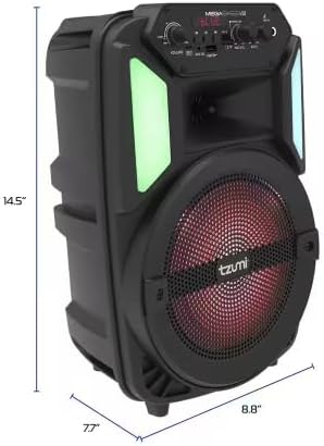 The Megabass V3 speaker shown with its dimensions: 14.5 inches height, 8.8 inches width, and 7.7 inches depth.