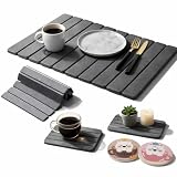 Large Stone Dish Drying Mat for Kitchen Counter, Foldable Quick Dry Stone Dish Mat, Diatomaceous Earth Water Absorbing Pad for Plate Utensils Rack Bottles, Any Countertop (Dark Gray 24"Γ16" & 2*8"x4")