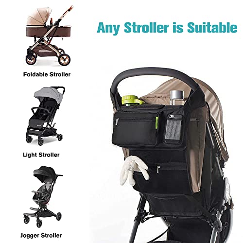 Saponhonix Kinderwagen Organizer Universal mit Isolierten Getränkehalter/Becherhalter, Kinderwagentasche Babytasche Wickeltasche Organizer, Buggy Kinderwagentasche Zubehör mit Reißverschlusstasche