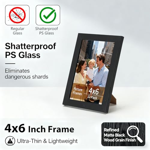 Lyeasw 4x6 Picture Frames Black 12 Pack, Matted Wood Grain Lightweight 4 x 6 Photo Frames for Wall Collage and Desk & Home Decor, with Horizontal or Vertical Placement. image 3