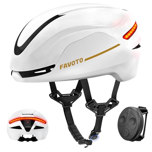 Favoto Inteligente Casco Bicicleta Adulto - Casco Inteligente para Bicicleta con 5 Modos De Luz Trasera Y Control Remoto Tecnología EPS In-Mould Color Blanco Talla L (59-61 cm)