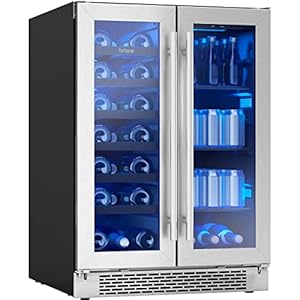 Zephyr Brisas 24 Inch Wine Fridge Dual Zone Under Counter Countertop Wine and Beverage Cooler Cabinet Home Bar Drink Beer Freestanding Refrigerator with Double Door 21 Bottles 64 cans
