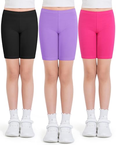 Auranso Girls Cycling Shorts 10-12 Years PE Dance Short Leggings Kids Summer Over Knee Half Length Cycle Shorts 3 Pack Black Rose Purple