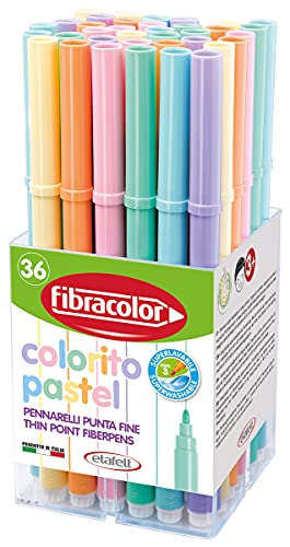 FIBRACOLOR 10550SW036BA Marqueurs Colorto Pastel Pot 36 pièces, 3 pièces chacune de 6 couleurs pastel, pointe fine, superlavables