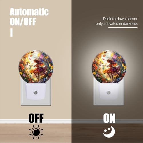 Image of Round LED Night Lights Lamp with Dusk to Dawn Sensor, Beautiful Fairy with Colorful Wings Flying Night Light Plug Into Wall for Kids Room, Bedroom, Bathroom, Kitchen, Hallway
