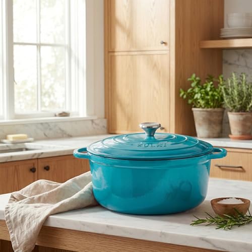 Image of Zulay Kitchen 7.7 Quart Enameled Cast Iron Dutch Oven Pot with Lid - Premium Durability & Oven Safe up to 500F - Heavy Duty Cookware Perfect for Bread Baking, Stews, Braising & Roasting - Light Blue