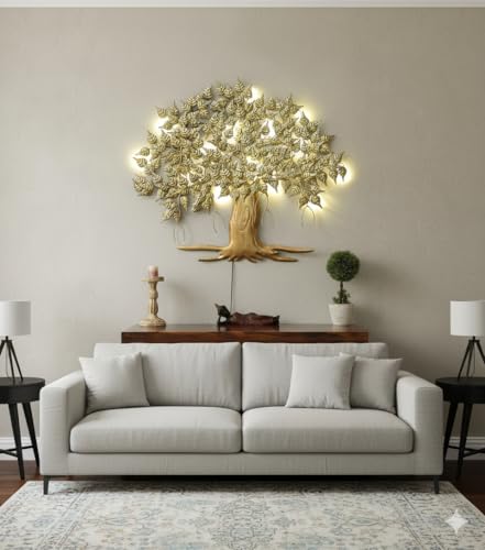 Image of Bharat Art Metal IRON Big Tree Wall Art with LED Light for Living Room - Handcrafted Iron Tree Wall Hanging Home Decoration for Bedroom, Hall, Office & Entrance (Urban Tree) (WD043) size (44 * 3 * 37) inches