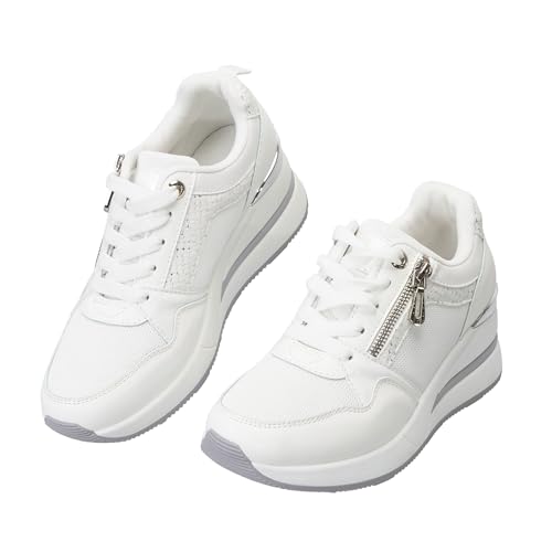 JOMIX Baskets Femmes Compensées avec Fermeture Éclair Chaussure de Marche Respirable Casual Sneakers pour Extérieur, WSC260181, Blanc, 38 EU