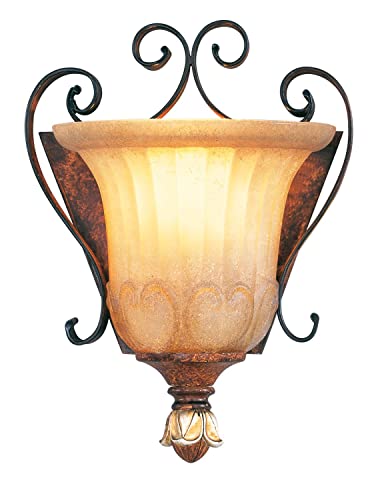 Image of Livex Lighting 8560-63 Villa Verona 1-Light Wall Sconce, Bronze | Aged Gold Leaf Accents and Rustic Art Glass