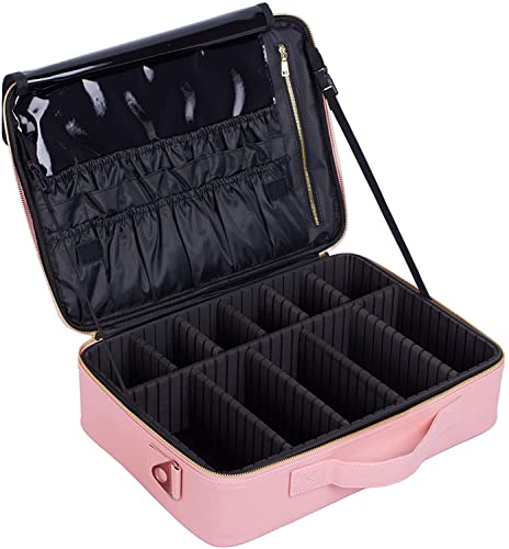 Image of Adson Large Makeup Bag 3 Layers Professional Train Cosmetic Bag Makeup Organizer Case Artist Storage Brush Box with Adjustable Dividers and Strap for Makeup Accessories (Rose Pink)